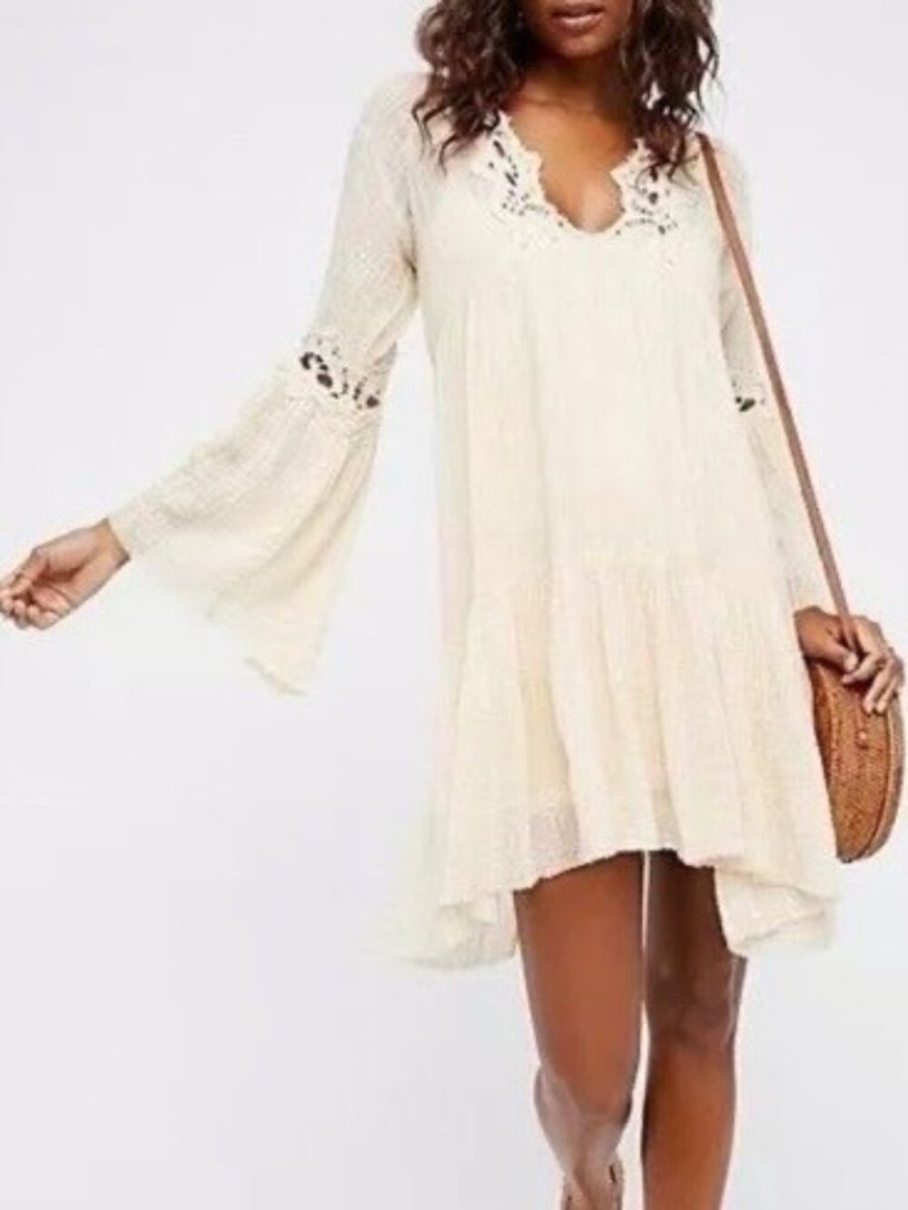 Free People Gauzy Cream Crochet Trim Bell Sleeve Mini Tent Dress L Boho Festival